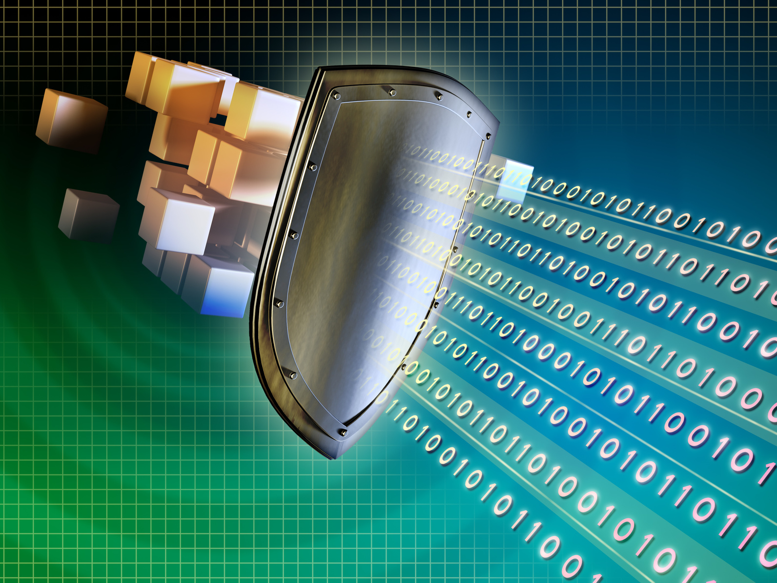 Metal shield protecting valuable data from external intrusions. Digital illustration.